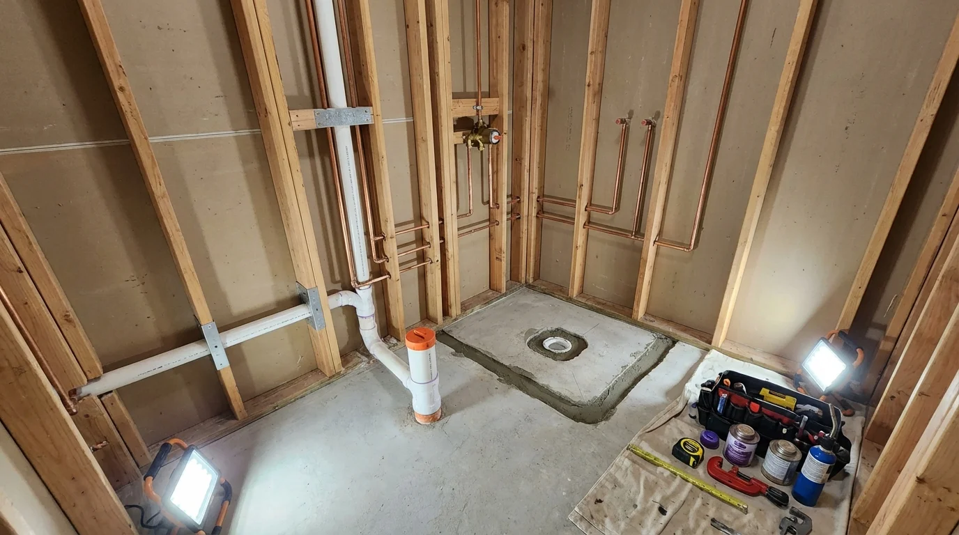 Bathroom rough-in plumbing during remodel by Johns Plumbing LLC in Onset