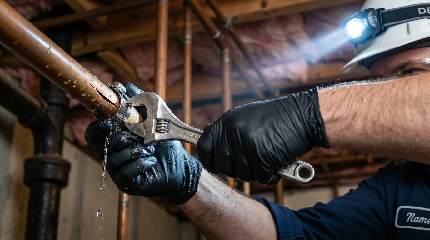 Emergency pipe clamp repair being performed by a Johns Plumbing LLC plumber in Onset