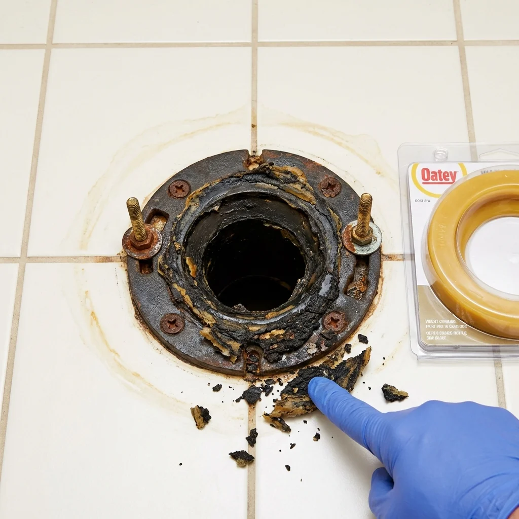 Failed wax ring showing water seepage at the base of a toilet in a Onset, MA home