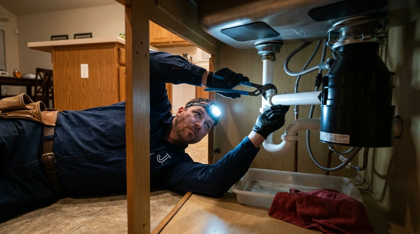 P-trap and supply line connections under a kitchen sink showing a common leak point in Onset, MA